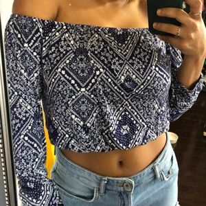 Blue long sleeve off the shoulder crop top